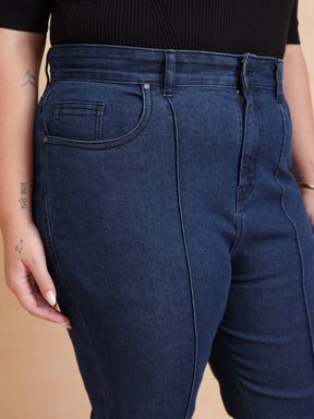 Navy Denim Bell Bottom Jeans-SASSAFRAS Curve