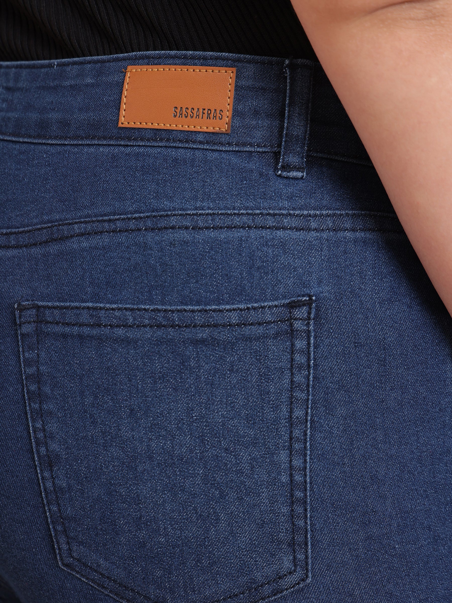 Navy Denim Bell Bottom Jeans-SASSAFRAS Curve