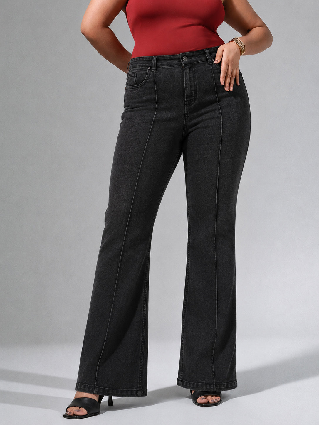 Black Wash Denim Bell Bottom Jeans-SASSAFRAS Curve