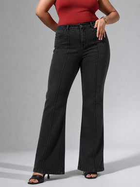 Black Wash Denim Bell Bottom Jeans-SASSAFRAS Curve