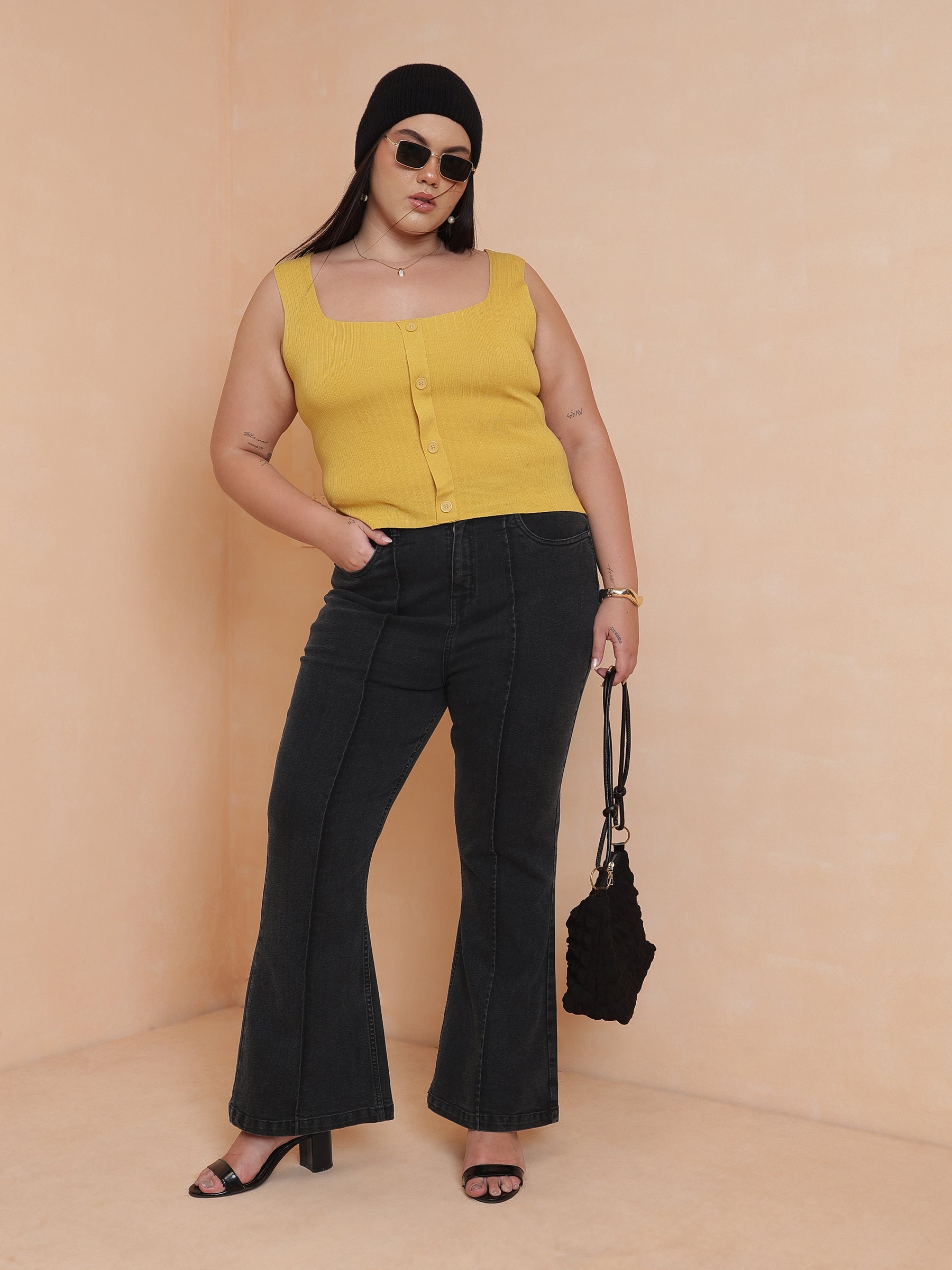 Black Wash Denim Bell Bottom Jeans-SASSAFRAS Curve