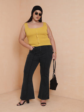 Black Wash Denim Bell Bottom Jeans-SASSAFRAS Curve