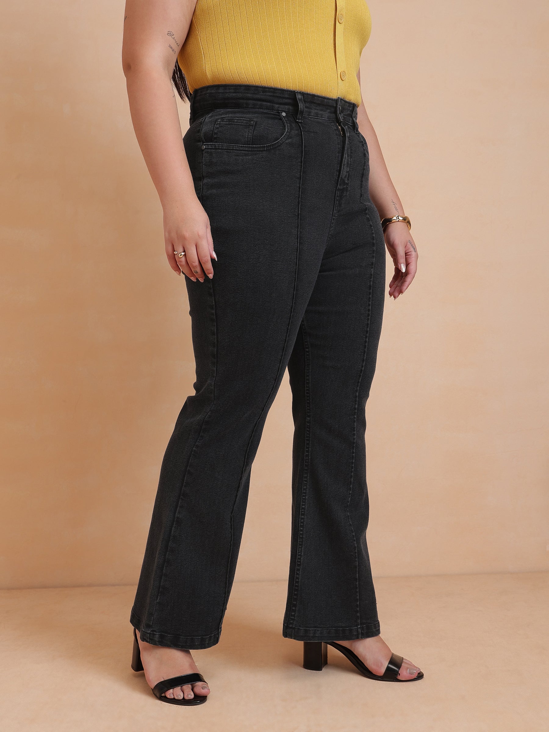 Black Wash Denim Bell Bottom Jeans-SASSAFRAS Curve