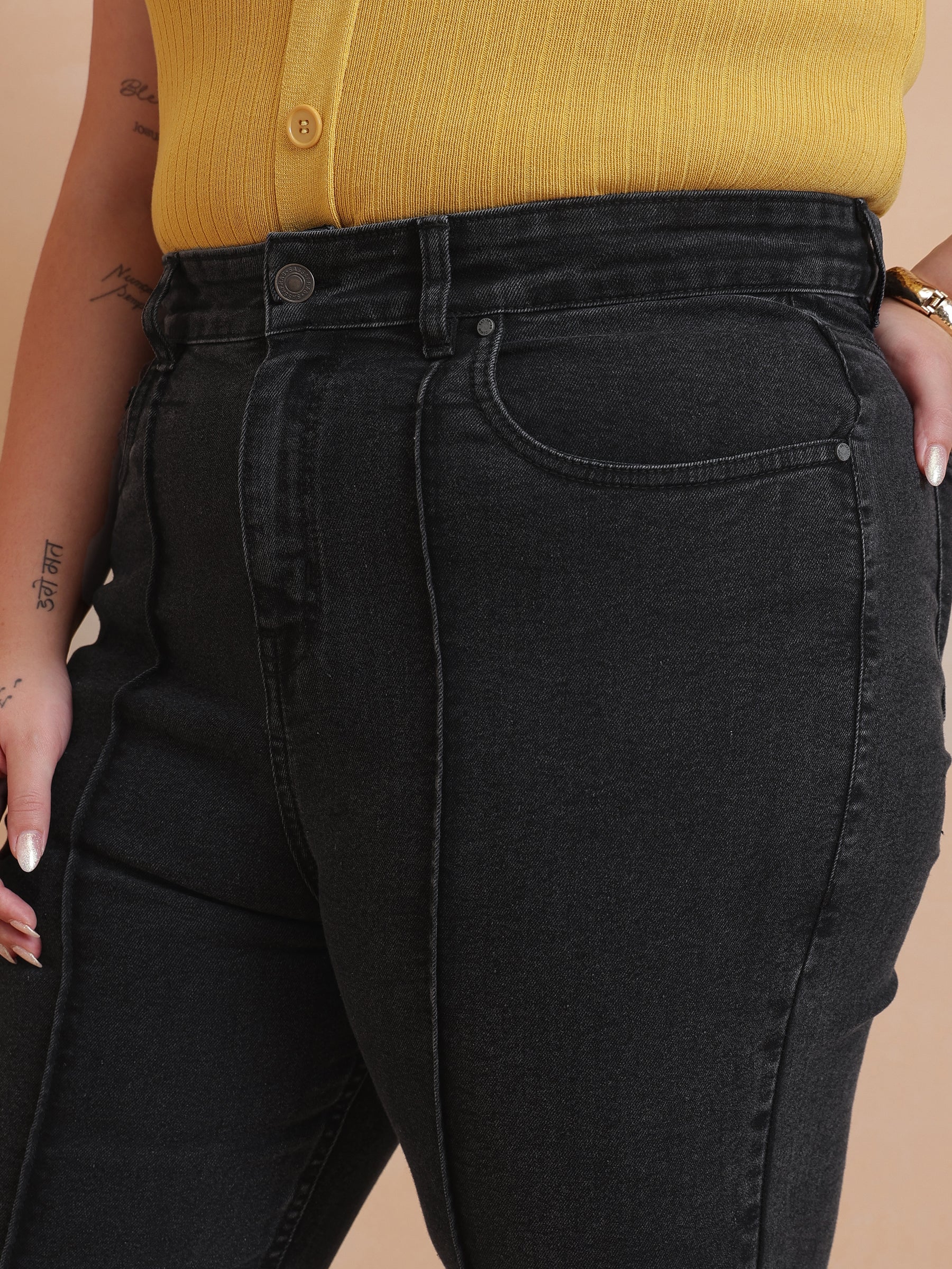 Black Wash Denim Bell Bottom Jeans-SASSAFRAS Curve