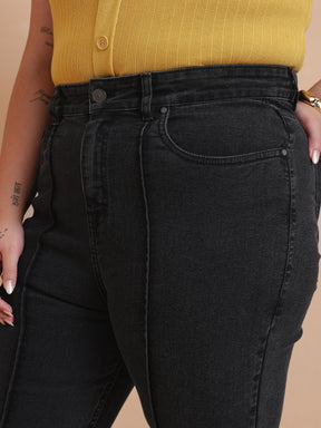 Black Wash Denim Bell Bottom Jeans-SASSAFRAS Curve