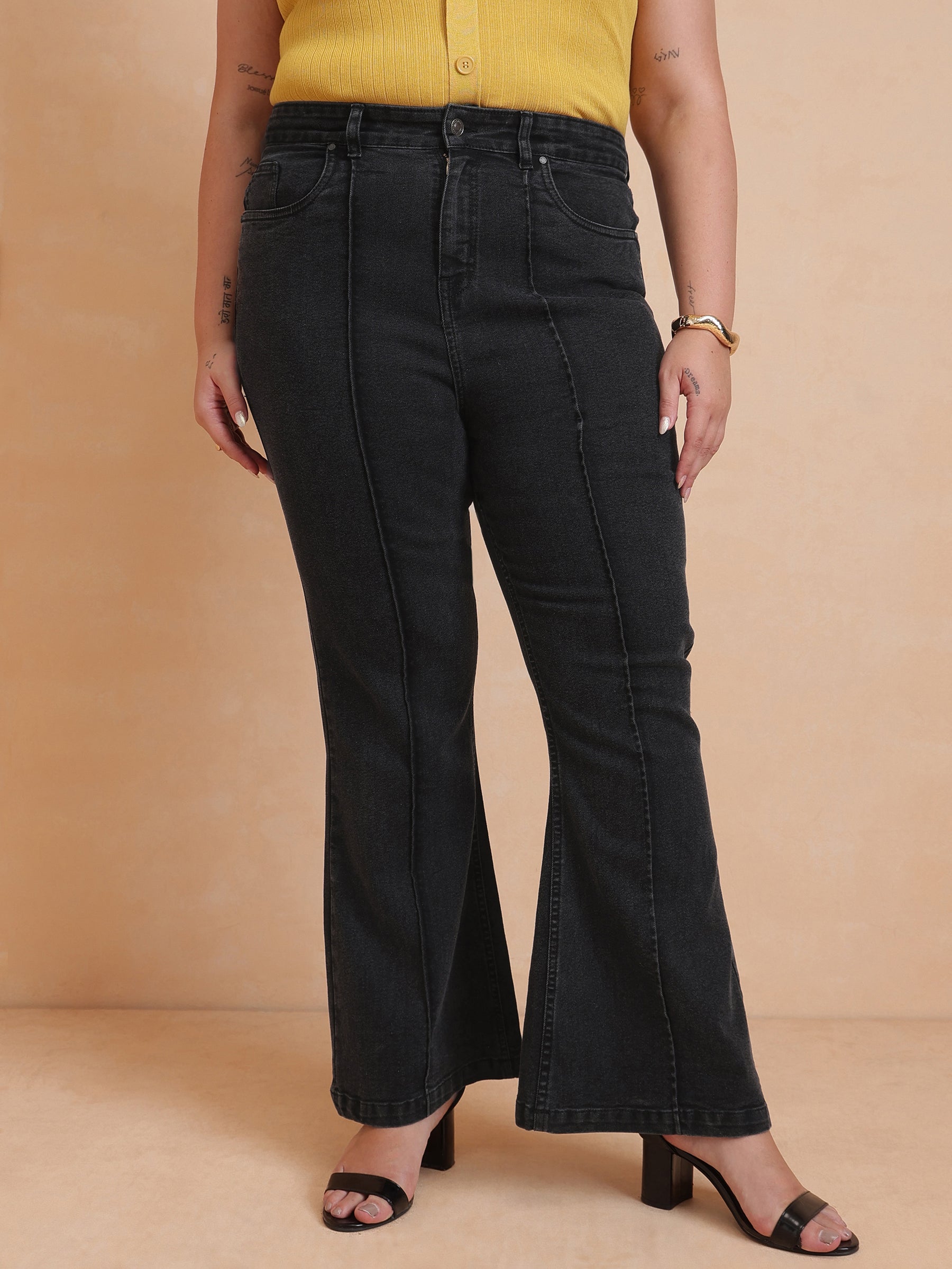 Women Black Wash Denim Bell Bottom Jeans