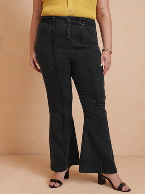 Women Black Wash Denim Bell Bottom Jeans