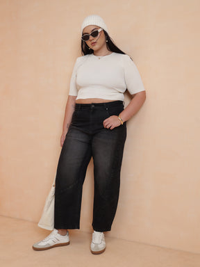 Black Wash Mom Fit Jeans-SASSAFRAS Curve