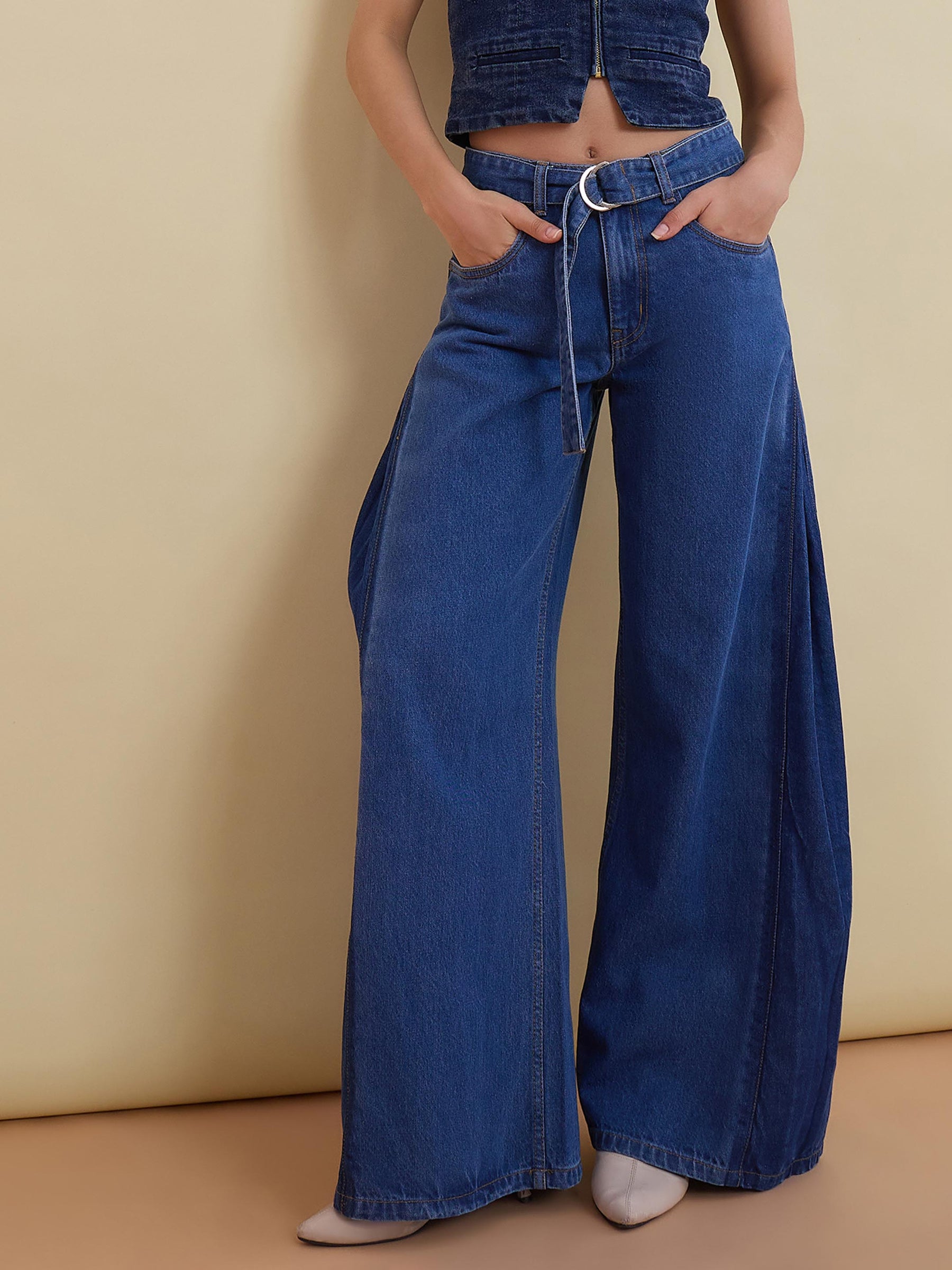 Blue Belted Wide Leg Low Waist Jeans-SASSAFRAS