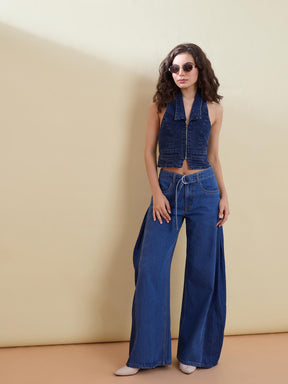 Blue Belted Wide Leg Low Waist Jeans-SASSAFRAS