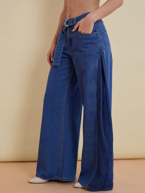 Blue Belted Wide Leg Low Waist Jeans-SASSAFRAS
