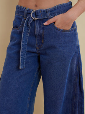 Blue Belted Wide Leg Low Waist Jeans-SASSAFRAS
