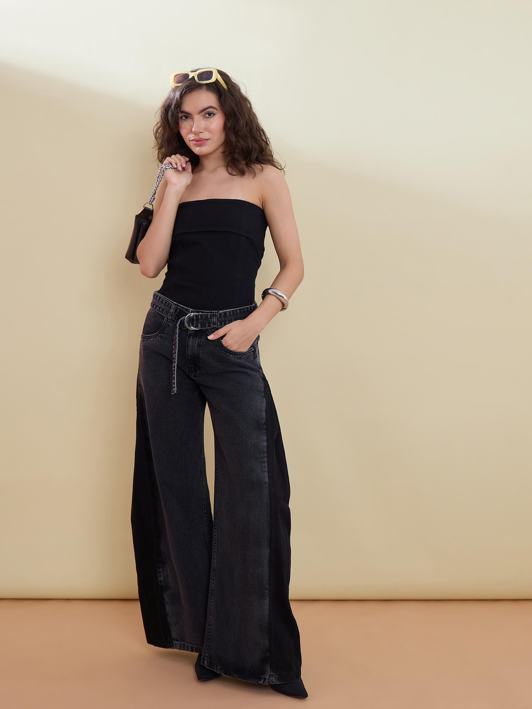 Black Belted Wide Leg Low Waist Jeans-SASSAFRAS