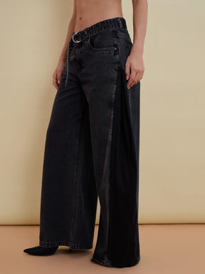 Black Belted Wide Leg Low Waist Jeans-SASSAFRAS