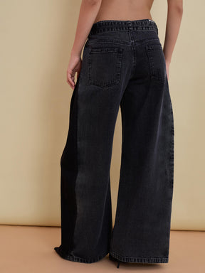 Black Belted Wide Leg Low Waist Jeans-SASSAFRAS