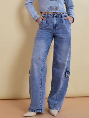 Blue Blast Denim Washed Cargo Jeans -SASSAFRAS