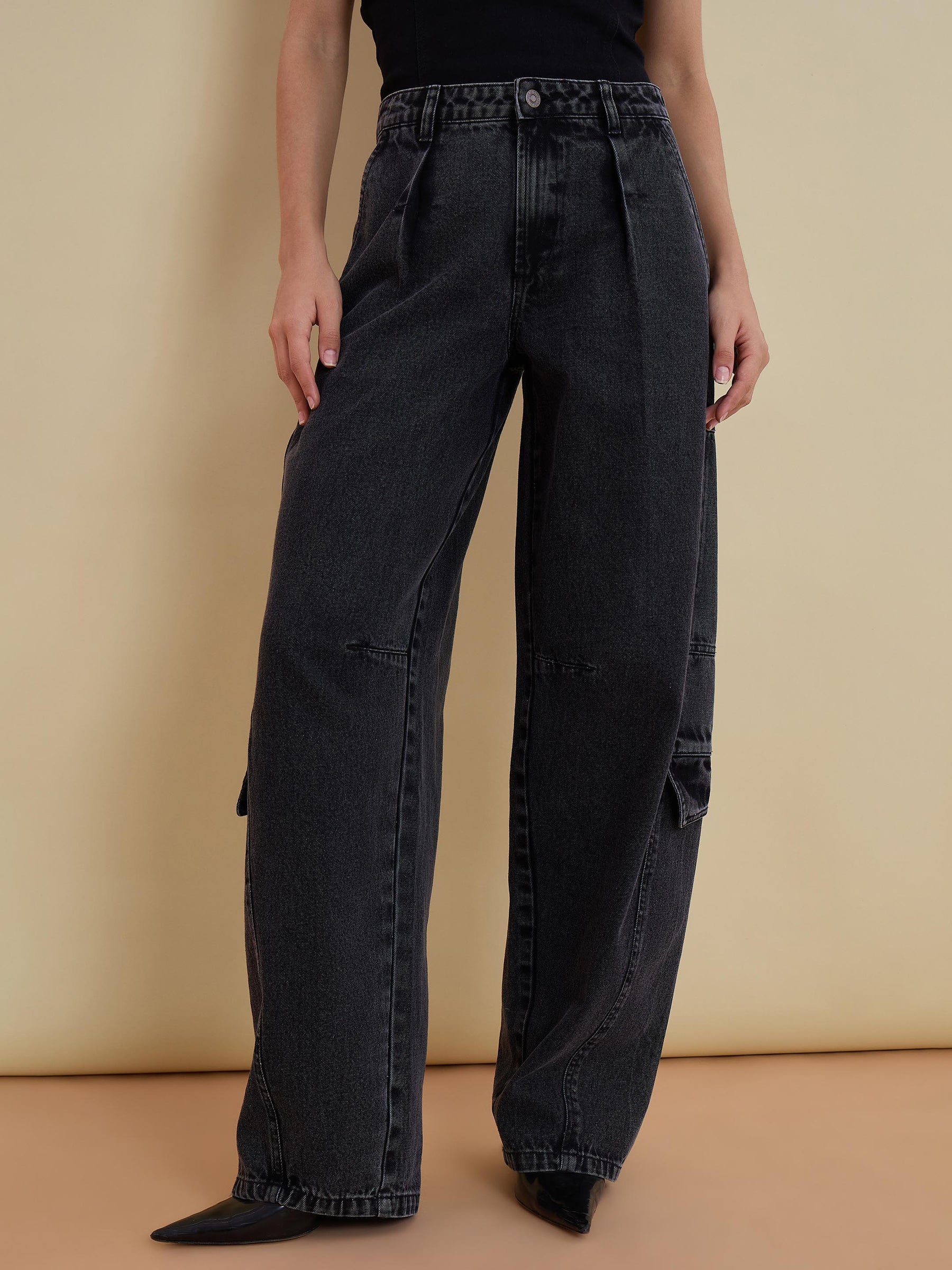 Black Washed Denim Cargo Jeans -SASSAFRAS