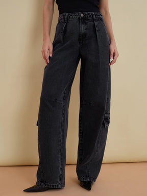Black Washed Denim Cargo Jeans -SASSAFRAS
