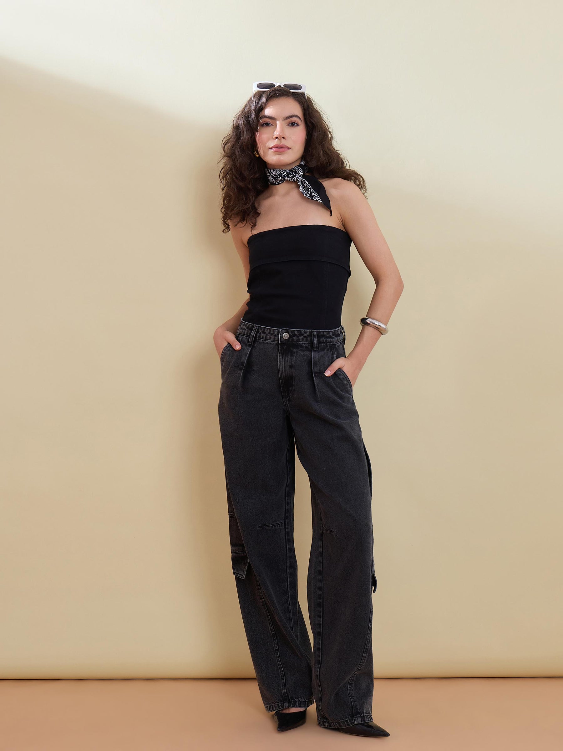 Black Washed Denim Cargo Jeans -SASSAFRAS