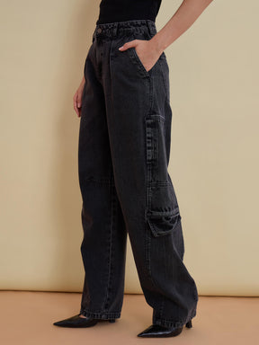 Black Washed Denim Cargo Jeans -SASSAFRAS