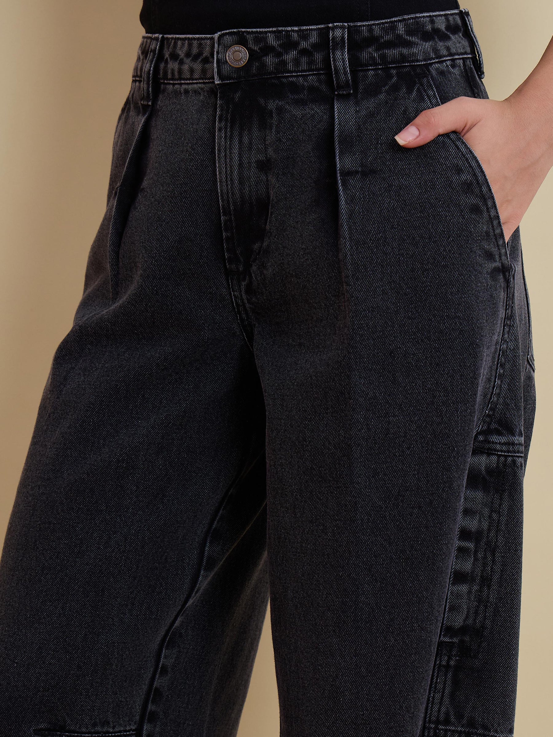 Black Washed Denim Cargo Jeans -SASSAFRAS