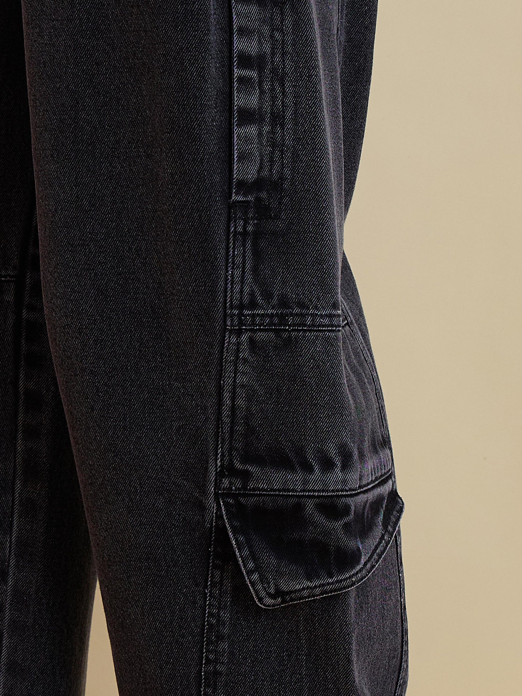 Black Washed Denim Cargo Jeans -SASSAFRAS