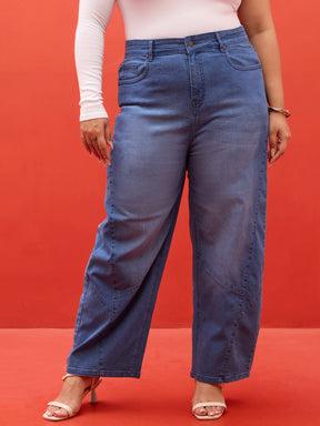 Blue Washed Mom Fit Jeans-SASSAFRAS Curve