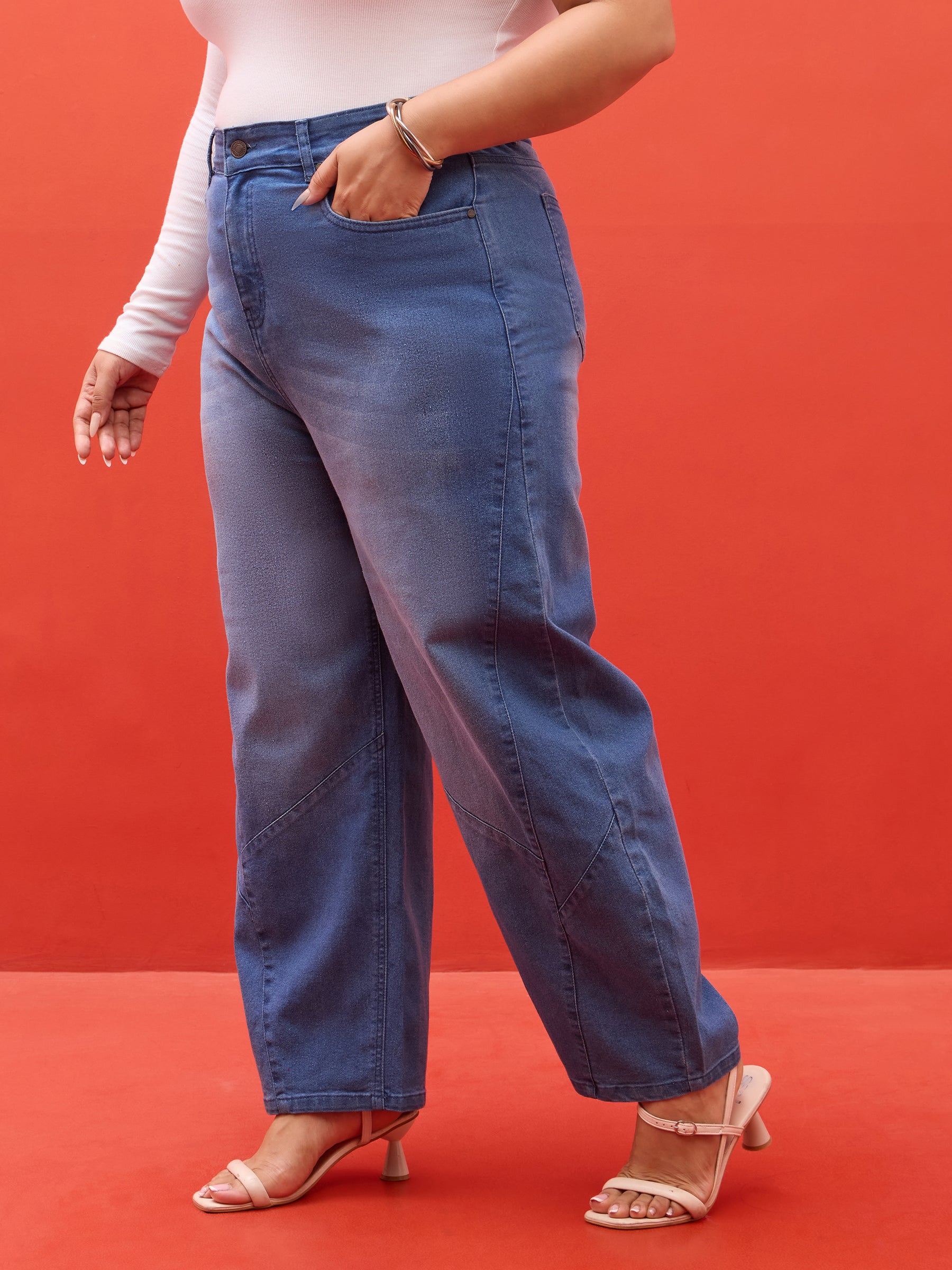 Blue Washed Mom Fit Jeans-SASSAFRAS Curve