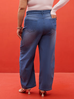 Blue Washed Mom Fit Jeans-SASSAFRAS Curve