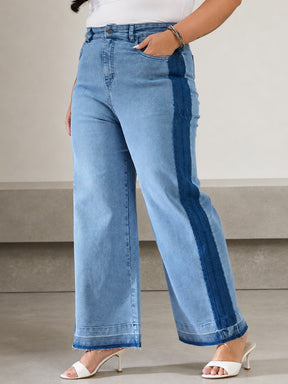 Blue Wash Denim Side Color Block Straight Jeans-SASSAFRAS Curve