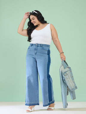 Blue Wash Denim Side Color Block Straight Jeans-SASSAFRAS Curve