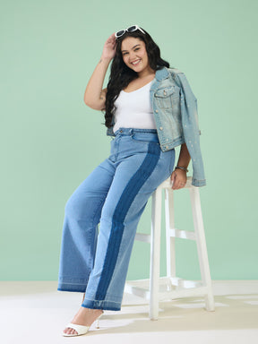 Blue Wash Denim Side Color Block Straight Jeans-SASSAFRAS Curve