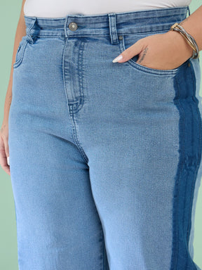 Blue Wash Denim Side Color Block Straight Jeans-SASSAFRAS Curve