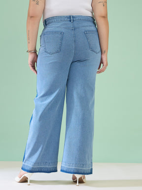 Blue Wash Denim Side Color Block Straight Jeans-SASSAFRAS Curve