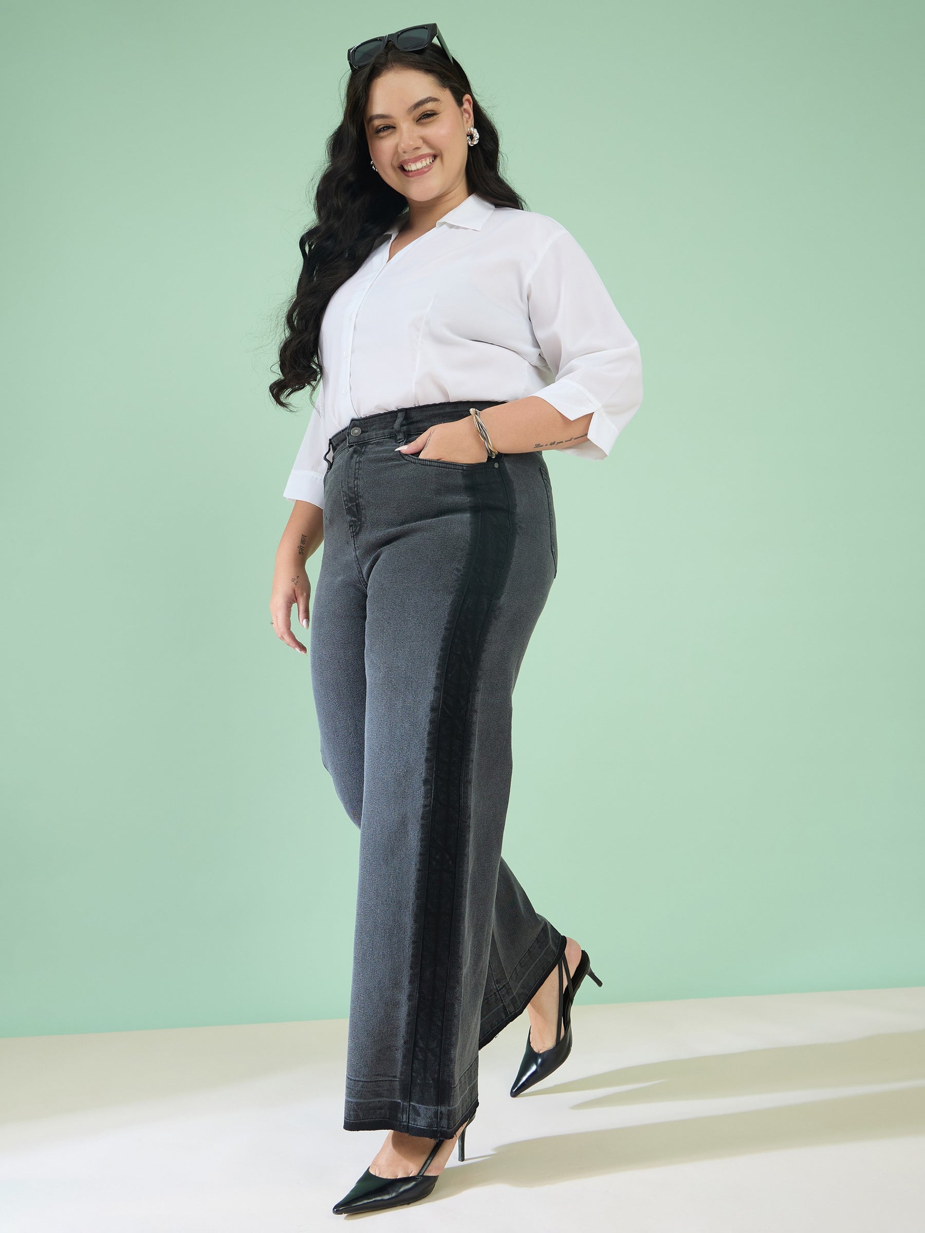 Black Wash Denim Side Color Block Straight Jeans-SASSAFRAS Curve