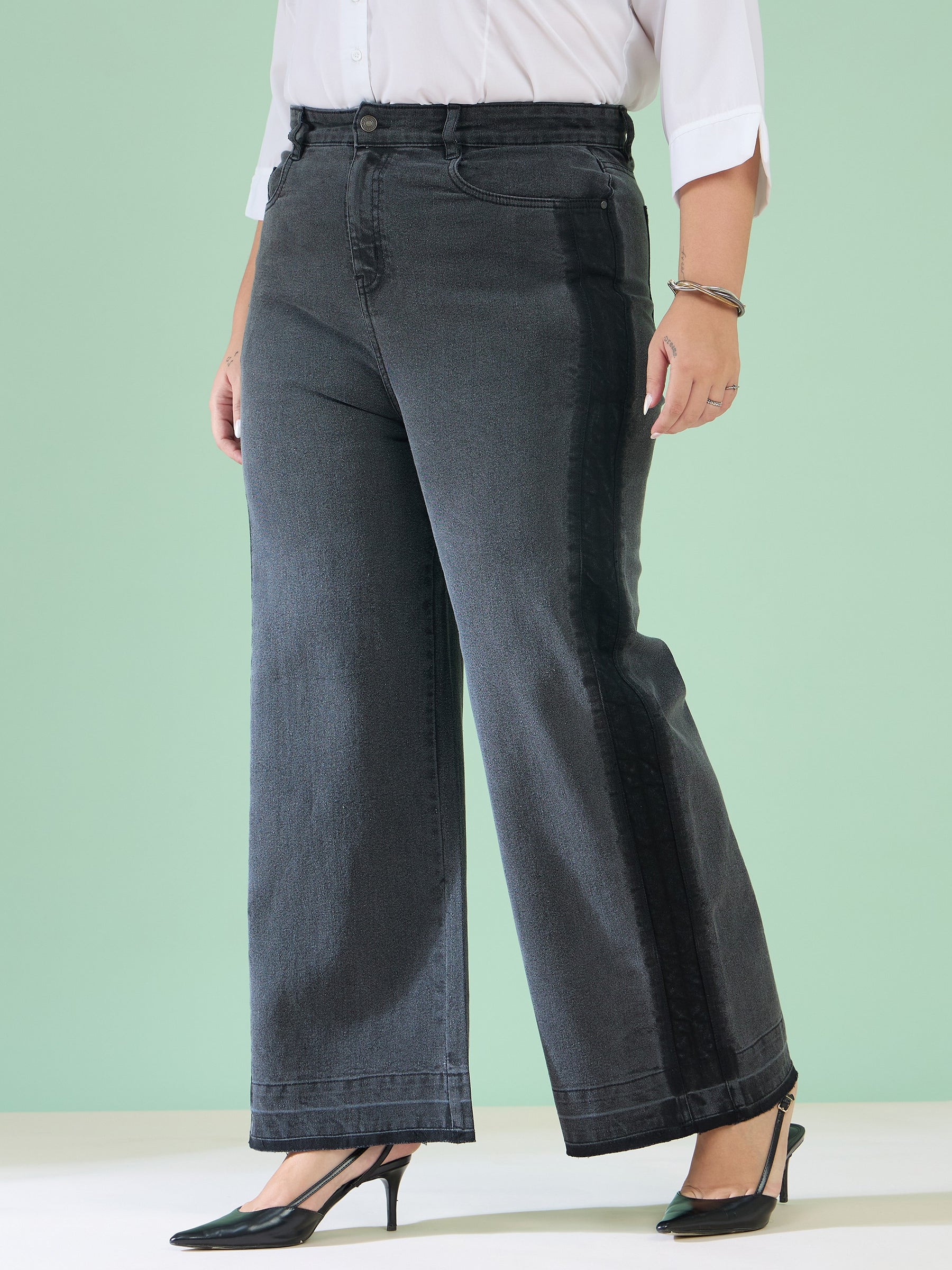 Black Wash Denim Side Color Block Straight Jeans-SASSAFRAS Curve