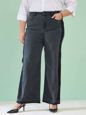 Black Wash Denim Side Color Block Straight Jeans-SASSAFRAS Curve
