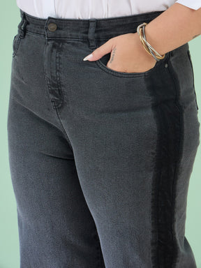 Black Wash Denim Side Color Block Straight Jeans-SASSAFRAS Curve