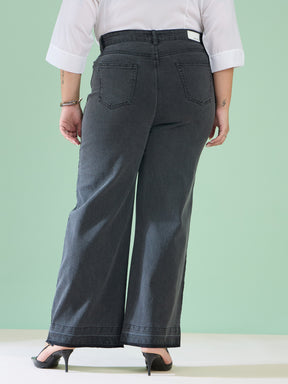 Black Wash Denim Side Color Block Straight Jeans-SASSAFRAS Curve