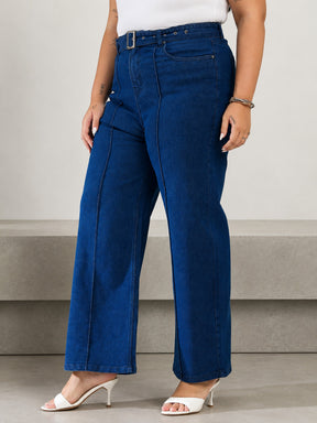 Navy Denim Straight Fit Jeans-SASSAFRAS Curve