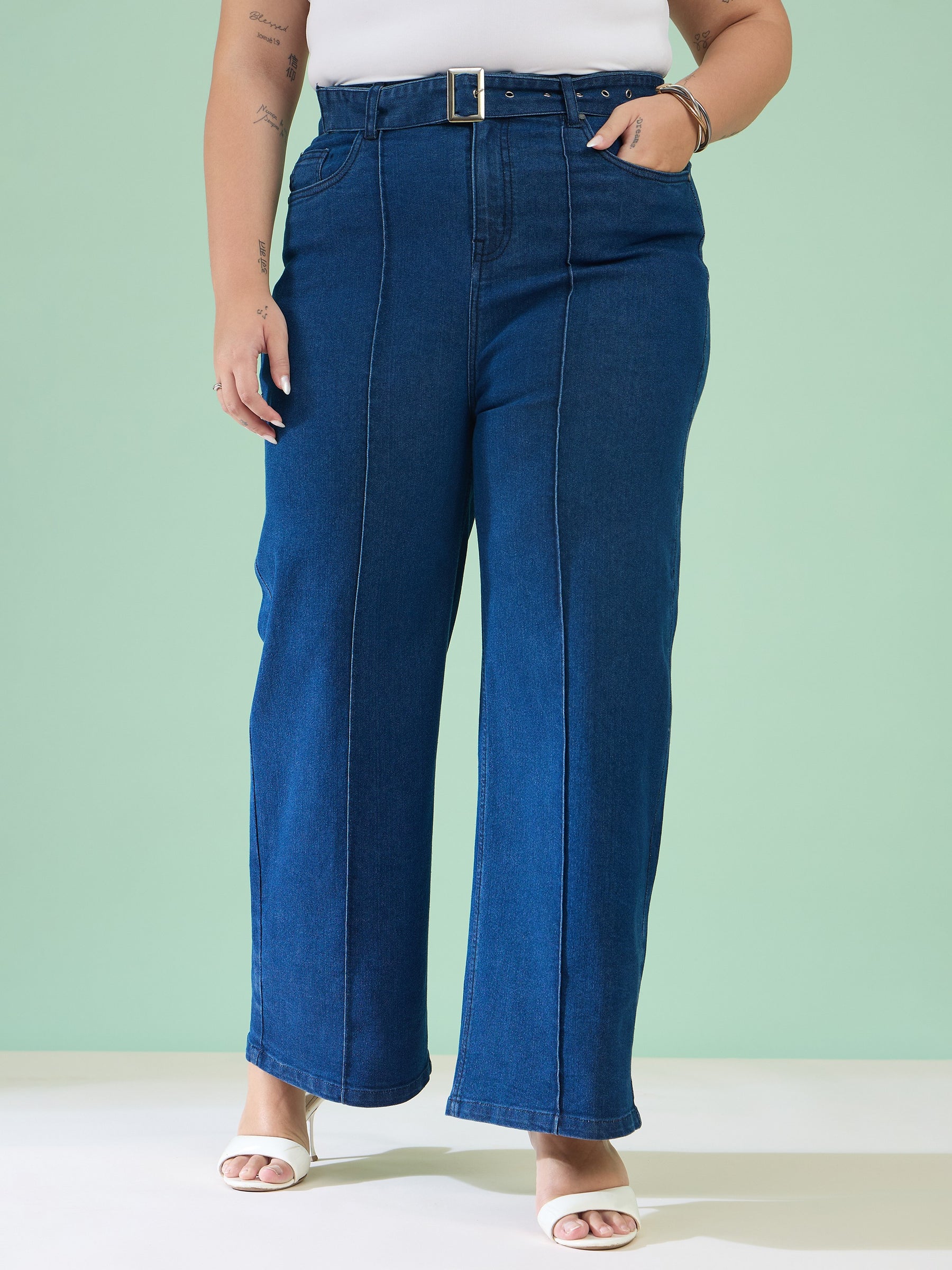 Navy Denim Straight Fit Jeans-SASSAFRAS Curve