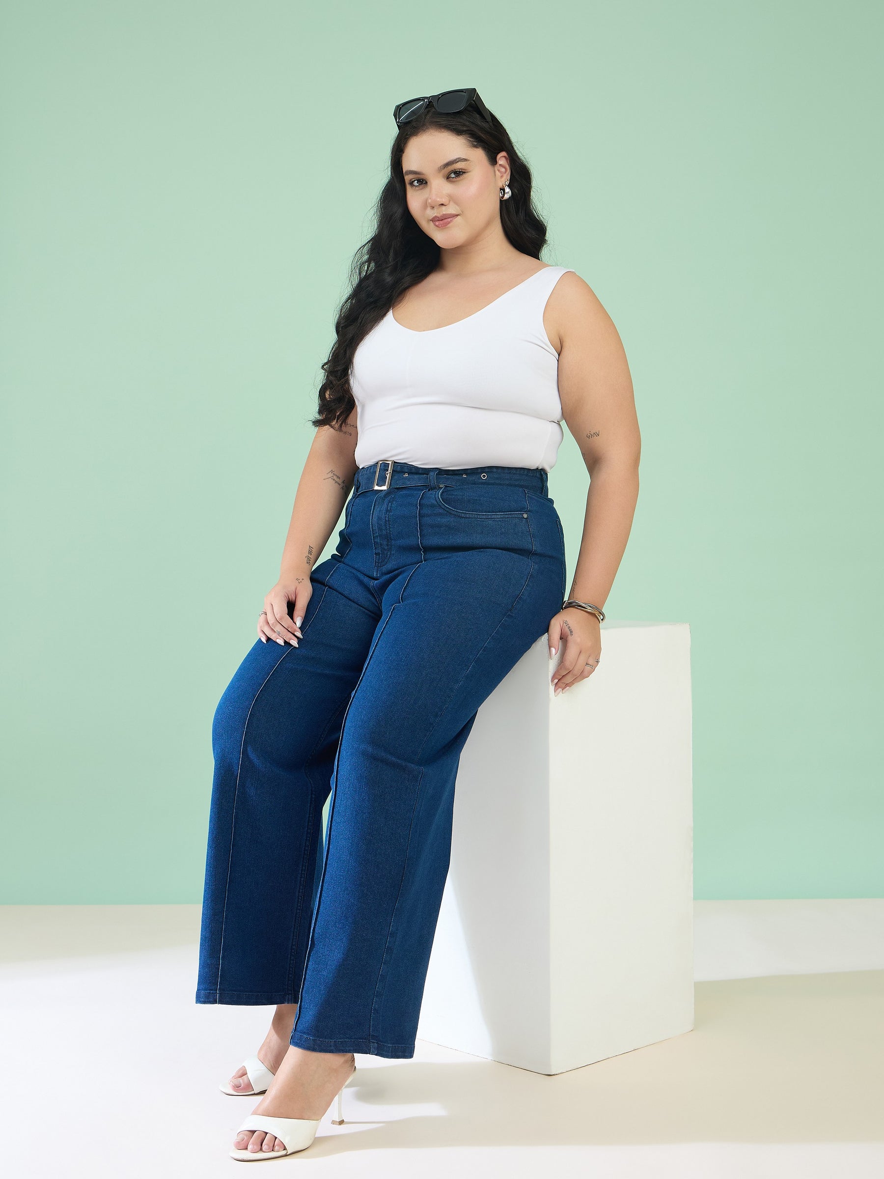 Navy Denim Straight Fit Jeans-SASSAFRAS Curve