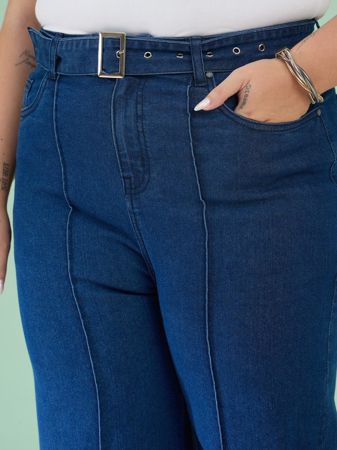 Navy Denim Straight Fit Jeans-SASSAFRAS Curve