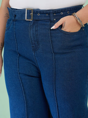 Navy Denim Straight Fit Jeans-SASSAFRAS Curve