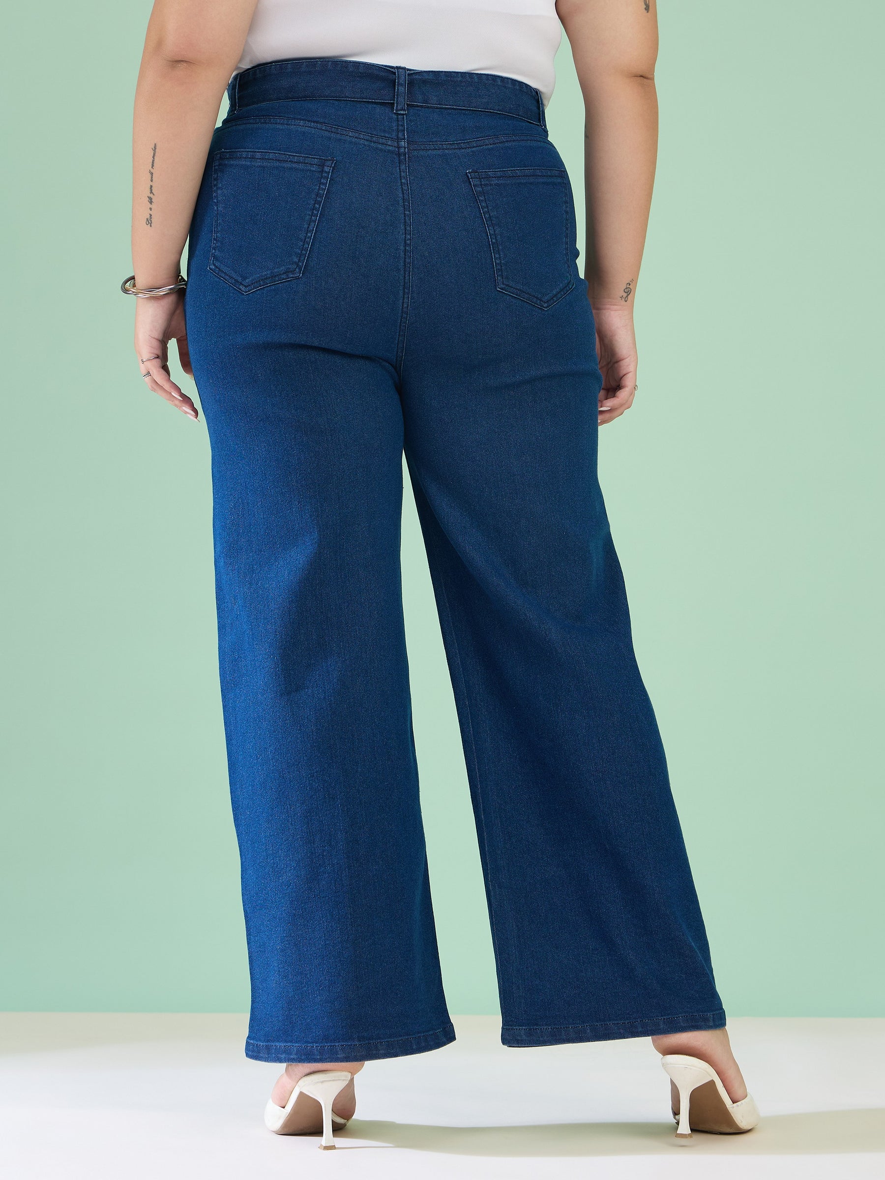 Navy Denim Straight Fit Jeans-SASSAFRAS Curve