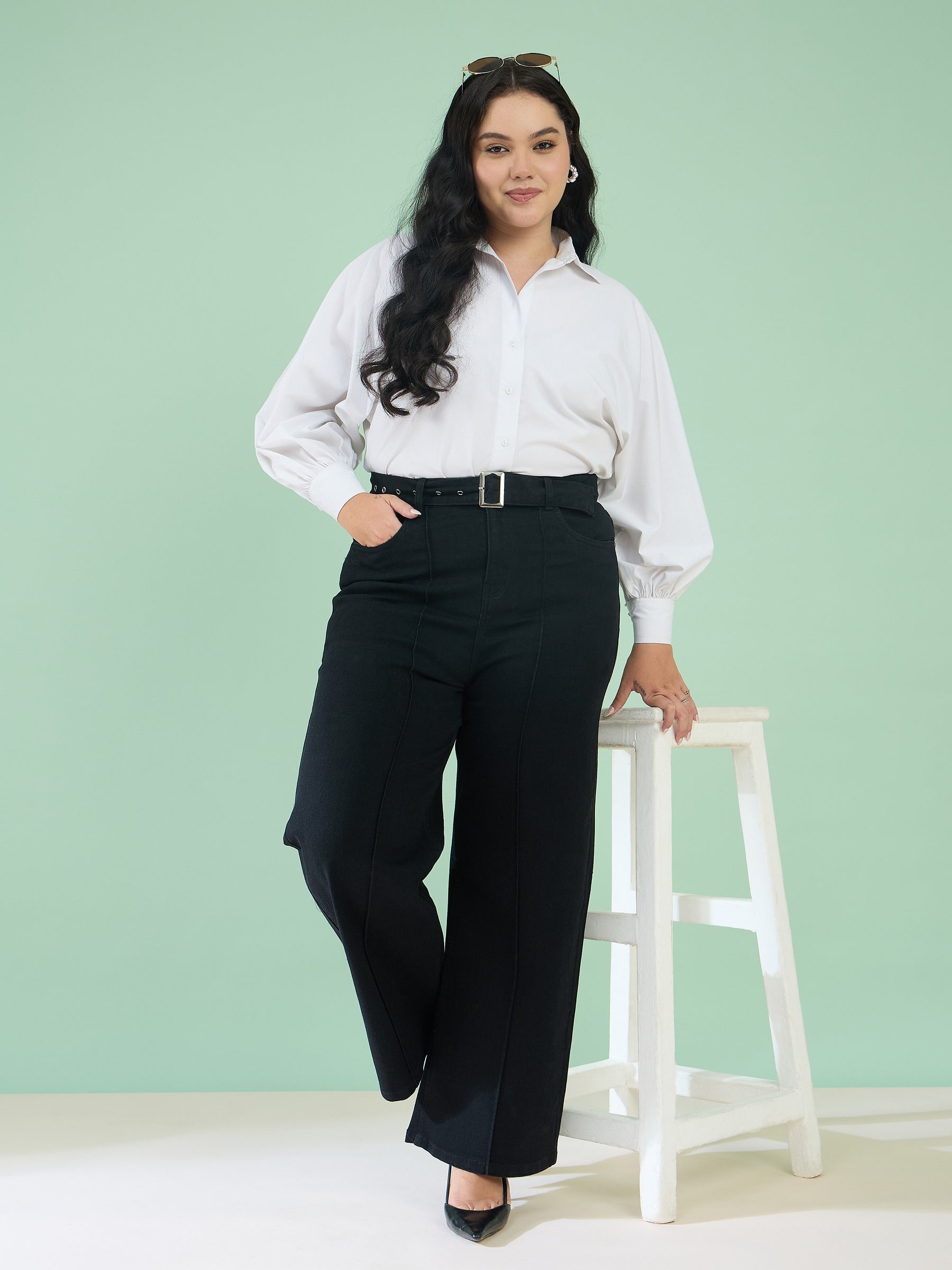 Black Denim Straight Fit Jeans-SASSAFRAS Curve