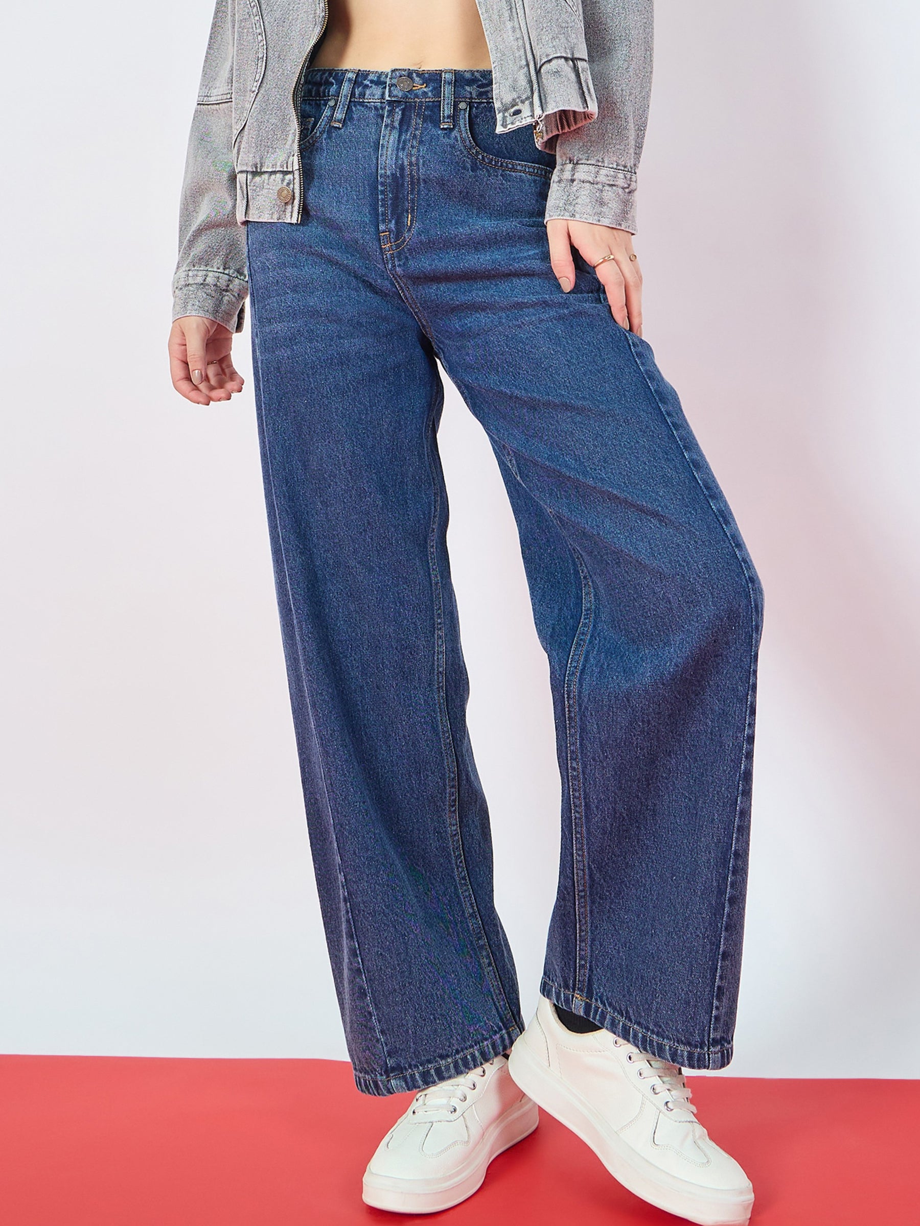 Blue Whisker Front Seam High Waist Straight Jeans-SASSAFRAS