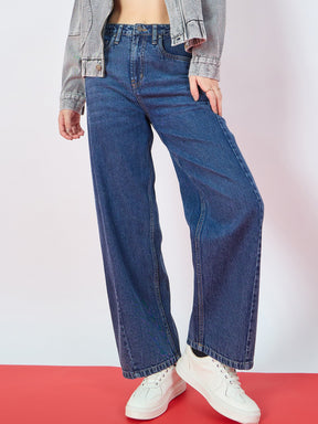 Blue Whisker Front Seam High Waist Straight Jeans-SASSAFRAS