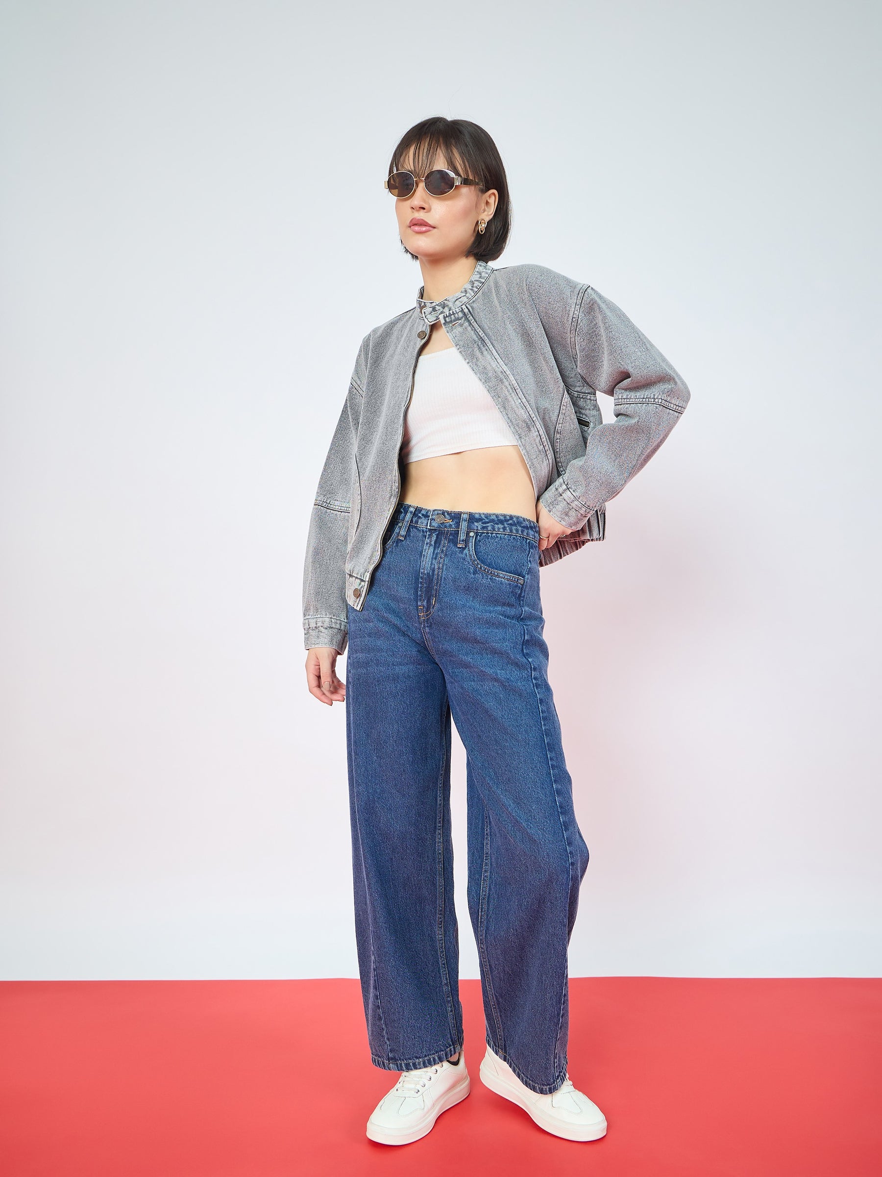 Blue Whisker Front Seam High Waist Straight Jeans-SASSAFRAS