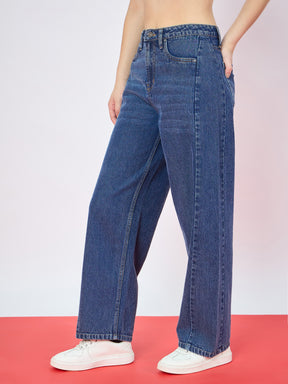 Blue Whisker Front Seam High Waist Straight Jeans-SASSAFRAS